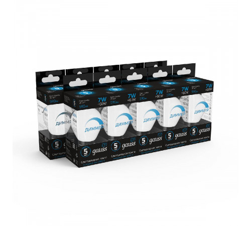 Лампа светодиодная диммируемая Gauss E27 7W 6500K шар матовый 105102307-D