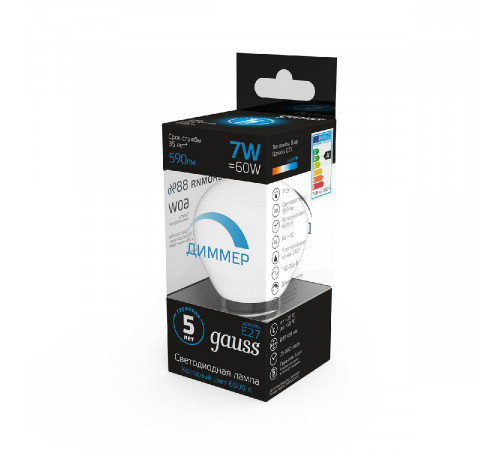 Лампа светодиодная диммируемая Gauss E27 7W 6500K шар матовый 105102307-D