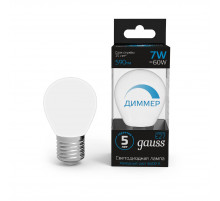 Лампа светодиодная диммируемая Gauss E27 7W 6500K шар матовый 105102307-D