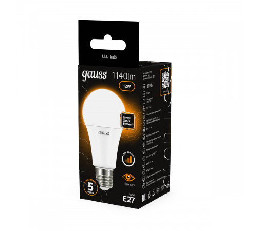 Лампа светодиодная диммируемая Gauss E27 12W 3000K груша матовая 102502112-S