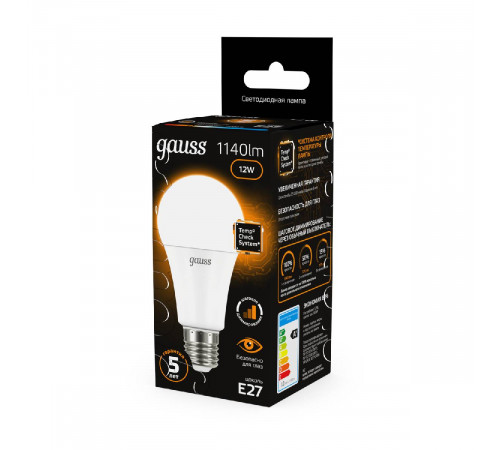 Лампа светодиодная диммируемая Gauss E27 12W 3000K груша матовая 102502112-S