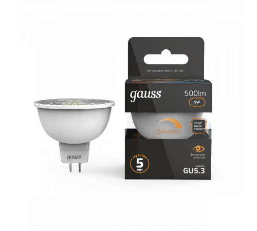 Лампа светодиодная диммируемая Gauss GU5.3 5W 3000K матовая 101505105-D Лампа светодиодная диммируемая Gauss GU5.3 5W 3000K матовая 101505105-D
