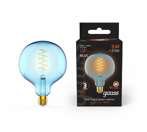 Лампа светодиодная диммируемая филаментная Gauss E27 5W 1800K шар синий 1013802105