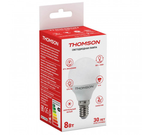 Лампа светодиодная Thomson E14 8W 4000K шар матовый TH-B2034 Лампа светодиодная Thomson E14 8W 4000K шар матовый TH-B2034