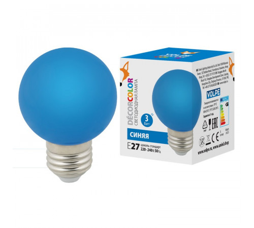 Лампа светодиодная Volpe E27 3W синий шар LED-G60-3W/Blue/E27/FR/С UL-00006957 Лампа светодиодная Volpe E27 3W синий шар LED-G60-3W/Blue/E27/FR/С UL-00006957