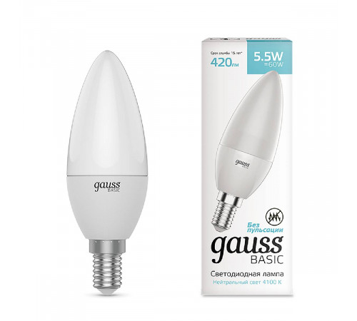 Лампа светодиодная Gauss E14 5,5W 4100К свеча матовая 1033126 Лампа светодиодная Gauss E14 5,5W 4100К свеча матовая 1033126