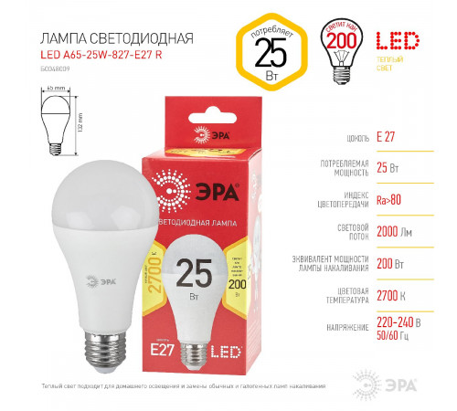 Лампа светодиодная Эра E27 25W 2700K LED A65-25W-827-E27 R Б0048009 Лампа светодиодная Эра E27 25W 2700K LED A65-25W-827-E27 R Б0048009