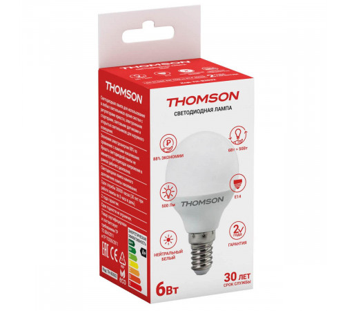 Лампа светодиодная Thomson E14 6W 4000K шар матовый TH-B2032 Лампа светодиодная Thomson E14 6W 4000K шар матовый TH-B2032