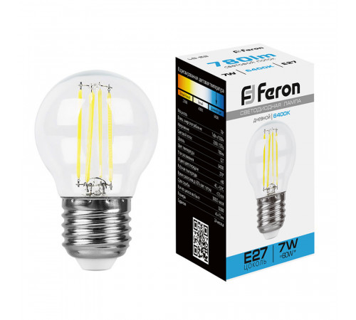 Лампа светодиодная филаментная Feron E27 7W 6400K прозрачная LB-52 38222 Лампа светодиодная филаментная Feron E27 7W 6400K прозрачная LB-52 38222