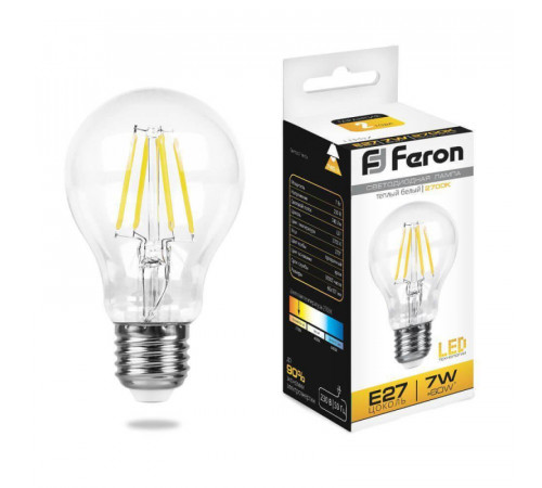 Лампа светодиодная филаментная Feron E27 7W 2700K Шар Прозрачная LB-57 25569 Лампа светодиодная филаментная Feron E27 7W 2700K Шар Прозрачная LB-57 25569
