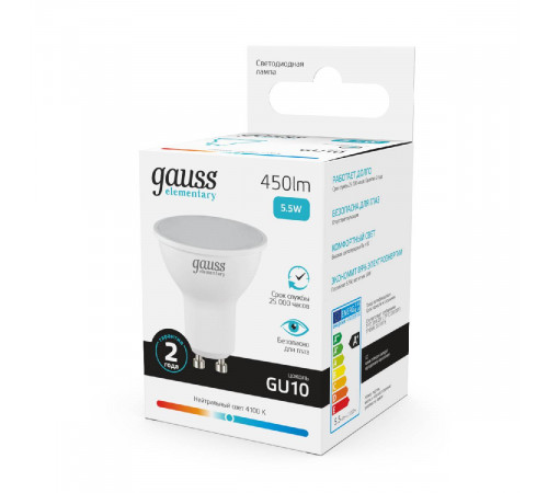 Лампа светодиодная Gauss GU10 5.5W 4100K матовая 13626