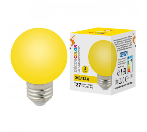 Лампа светодиодная Volpe E27 3W желтая LED-G60-3W/Yellow/E27/FR/С UL-00006961 Лампа светодиодная Volpe E27 3W желтая LED-G60-3W/Yellow/E27/FR/С UL-00006961