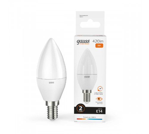 Лампа cветодиодная Gauss E14 6W 3000K свеча матовая 33116 Лампа cветодиодная Gauss E14 6W 3000K свеча матовая 33116