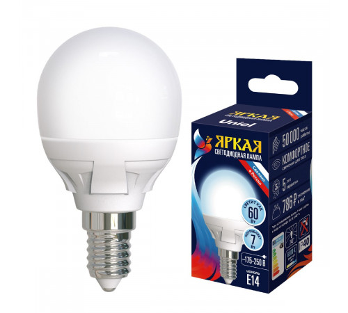 Лампа светодиодная Uniel LED-G45 7W/6500K/E14/FR PLP01WH UL-00011018 Лампа светодиодная Uniel LED-G45 7W/6500K/E14/FR PLP01WH UL-00011018