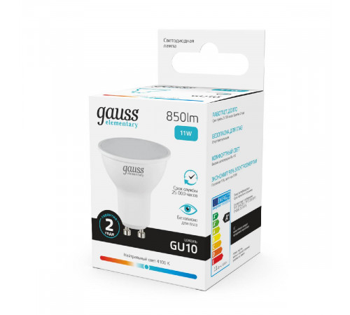 Лампа светодиодная Gauss GU10 11W 4100K матовая 13621 Лампа светодиодная Gauss GU10 11W 4100K матовая 13621