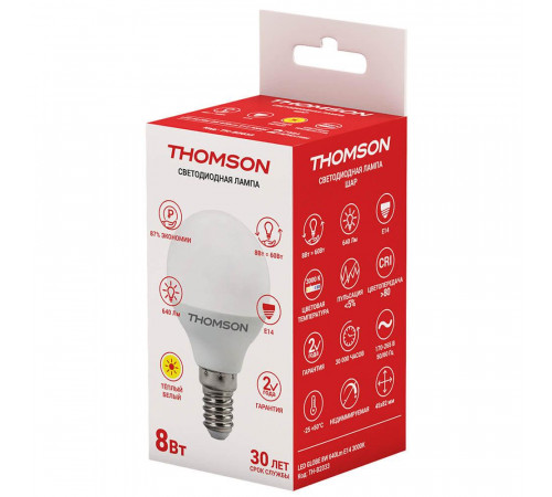 Лампа светодиодная Thomson E14 8W 3000K шар матовый TH-B2033 Лампа светодиодная Thomson E14 8W 3000K шар матовый TH-B2033