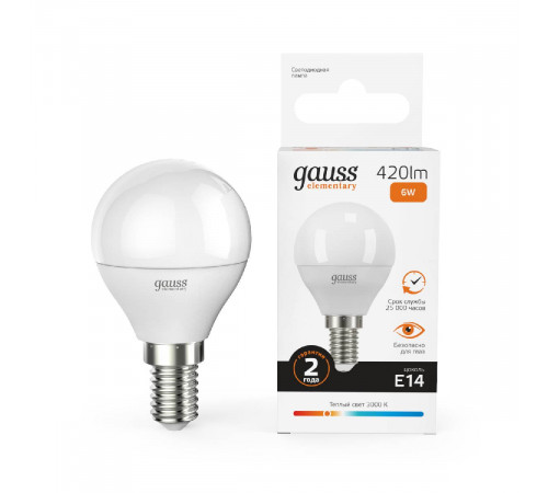 Лампа светодиодная Gauss E14 6W 3000K шар матовый 53116 Лампа светодиодная Gauss E14 6W 3000K шар матовый 53116