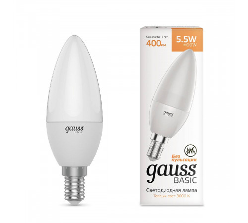 Лампа светодиодная Gauss E14 5,5W 3000К свеча матовая 1033116 Лампа светодиодная Gauss E14 5,5W 3000К свеча матовая 1033116