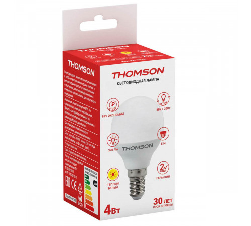 Лампа светодиодная Thomson E14 4W 3000K шар матовый TH-B2101 Лампа светодиодная Thomson E14 4W 3000K шар матовый TH-B2101