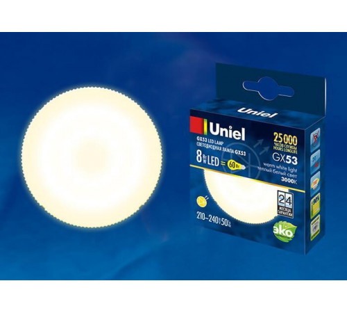 Лампа светодиодная (UL-00001672) Uniel GX53 8W 3000K матовая LED-GX53-8W/WW/GX53/FR PLZ01WH Лампа светодиодная (UL-00001672) Uniel GX53 8W 3000K матовая LED-GX53-8W/WW/GX53/FR PLZ01WH
