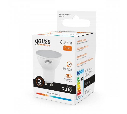 Лампа светодиодная Gauss GU10 11W 3000K матовая 13611 Лампа светодиодная Gauss GU10 11W 3000K матовая 13611