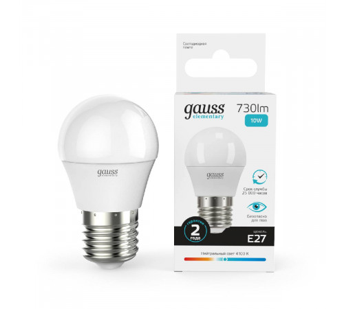 Лампа светодиодная Gauss E27 10W 4100K шар матовый 53220 Лампа светодиодная Gauss E27 10W 4100K шар матовый 53220