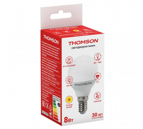 Лампа светодиодная Thomson E14 8W 3000K шар матовый TH-B2033 Лампа светодиодная Thomson E14 8W 3000K шар матовый TH-B2033