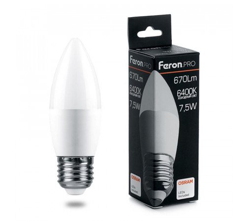Лампа светодиодная Feron Pro E27 7,5W 6400K свеча матовая LB-1307 38058 Лампа светодиодная Feron Pro E27 7,5W 6400K свеча матовая LB-1307 38058