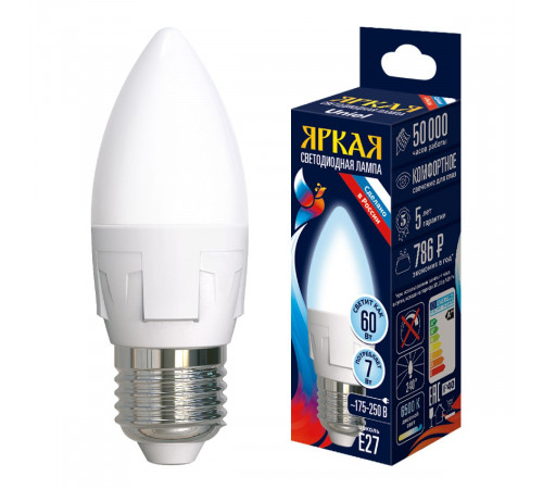 Лампа светодиодная Uniel LED-C37 7W/6500K/E27/FR PLP01WH UL-00011015 Лампа светодиодная Uniel LED-C37 7W/6500K/E27/FR PLP01WH UL-00011015
