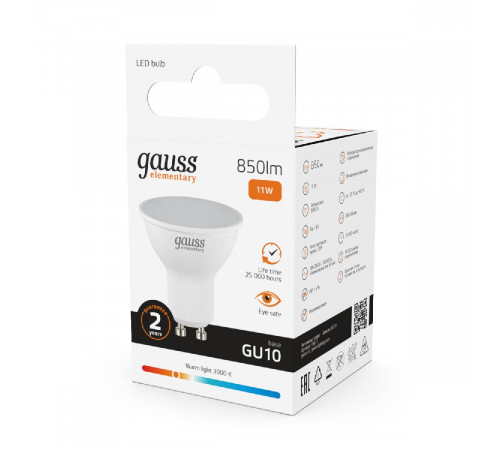 Лампа светодиодная Gauss GU10 11W 3000K матовая 13611 Лампа светодиодная Gauss GU10 11W 3000K матовая 13611