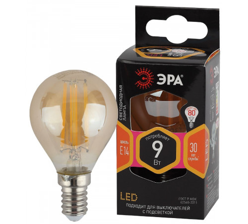 Лампа светодиодная Эра E14 9W 2700K F-LED P45-9W-827-E14 gold Б0047022 Лампа светодиодная Эра E14 9W 2700K F-LED P45-9W-827-E14 gold Б0047022