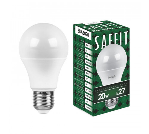 Лампа светодиодная Saffit SBA6020 шар E27 20W 4000K 55014 Лампа светодиодная Saffit SBA6020 шар E27 20W 4000K 55014