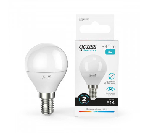 Лампа светодиодная Gauss E14 8W 4100K шар матовый 53128 Лампа светодиодная Gauss E14 8W 4100K шар матовый 53128