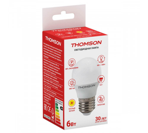 Лампа светодиодная Thomson E27 6W 3000K шар матовый TH-B2037 Лампа светодиодная Thomson E27 6W 3000K шар матовый TH-B2037
