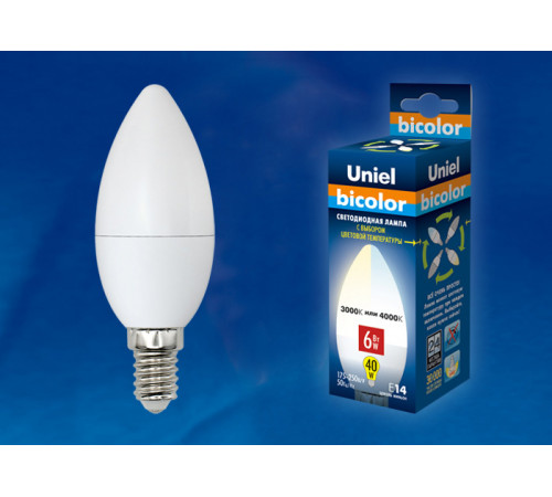 Лампа светодиодная (UL-00001570) Uniel E14 6W 4000K матовая LED-C37-6W/WW+NW/E14/FR PLB01WH Лампа светодиодная (UL-00001570) Uniel E14 6W 4000K матовая LED-C37-6W/WW+NW/E14/FR PLB01WH