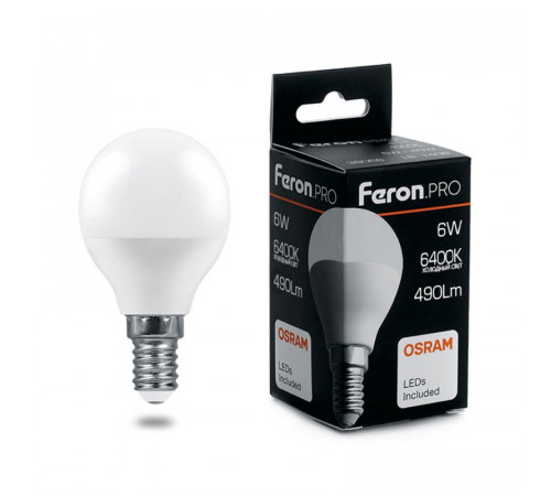 Лампа светодиодная Feron Pro E27 6W 6400K шар матовый LB-1406 38067 Лампа светодиодная Feron Pro E27 6W 6400K шар матовый LB-1406 38067