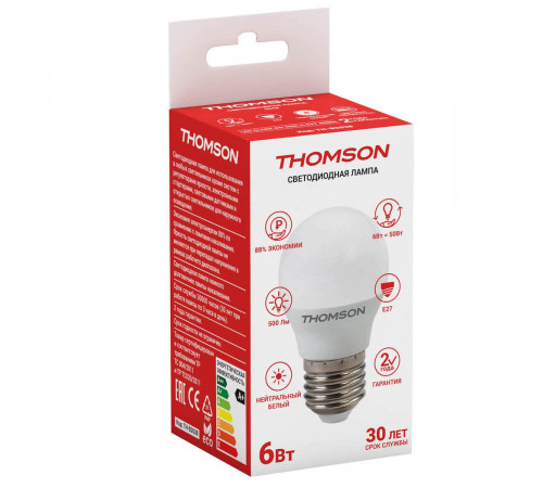 Лампа светодиодная Thomson E27 6W 4000K шар матовый TH-B2038 Лампа светодиодная Thomson E27 6W 4000K шар матовый TH-B2038