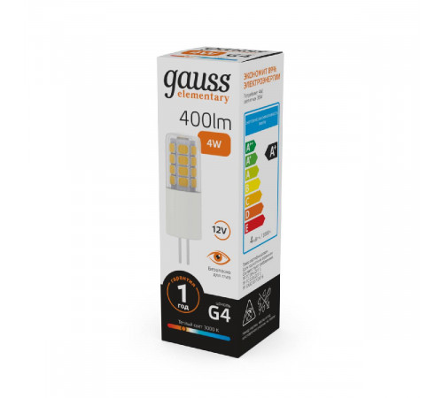 Лампа светодиодная Gauss G4 4W 3000К прозрачная 10714 Лампа светодиодная Gauss G4 4W 3000К прозрачная 10714