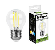 Лампа светодиодная филаментная Feron E27 5W 4000K Шар Прозрачная LB-61 25582