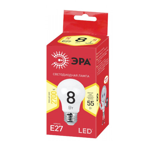 Лампа светодиодная Эра E27 8W 2700K ECO LED A55-8W-827-E27 Б0032095 Лампа светодиодная Эра E27 8W 2700K ECO LED A55-8W-827-E27 Б0032095