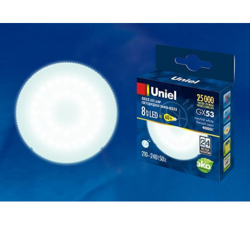 Лампа светодиодная (UL-00001671) Uniel GX53 8W 4000K матовая LED-GX53-8W/NW/GX53/FR PLZ01WH Лампа светодиодная (UL-00001671) Uniel GX53 8W 4000K матовая LED-GX53-8W/NW/GX53/FR PLZ01WH