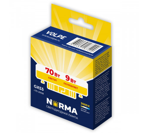 Лампа светодиодная Volpe Norma LED-GX53-9W/3000K/GX53/FR/NR UL-00011426 Лампа светодиодная Volpe Norma LED-GX53-9W/3000K/GX53/FR/NR UL-00011426