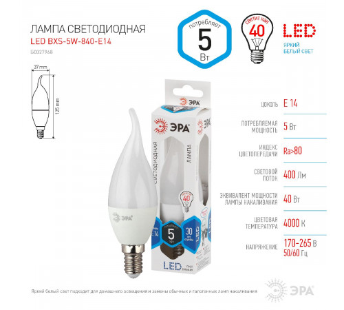 Лампа светодиодная Эра E14 5W 4000K LED BXS-5W-840-E14 Б0027968 Лампа светодиодная Эра E14 5W 4000K LED BXS-5W-840-E14 Б0027968