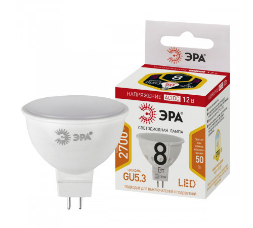 Лампа светодиодная Эра GU5.3 8W 2700K LED MR16-8W-12V-827-GU5.3 Б0049093