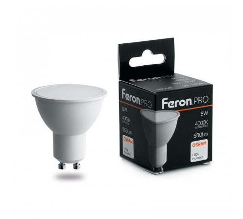 Лампа светодиодная Feron GU10 8W 4000K матовая LB-1608 38093 Лампа светодиодная Feron GU10 8W 4000K матовая LB-1608 38093
