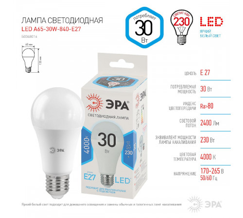 Лампа светодиодная Эра E27 30W 4000K LED A65-30W-840-E27 Б0048016 Лампа светодиодная Эра E27 30W 4000K LED A65-30W-840-E27 Б0048016