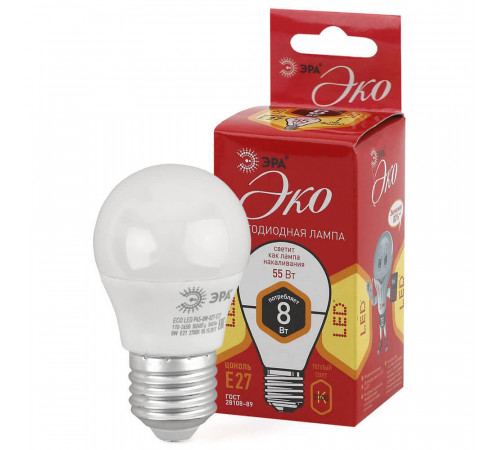 Лампа светодиодная ЭРА E27 8W 2700K матовая ECO LED P45-8W-827-E27 Б0030024 Лампа светодиодная ЭРА E27 8W 2700K матовая ECO LED P45-8W-827-E27 Б0030024
