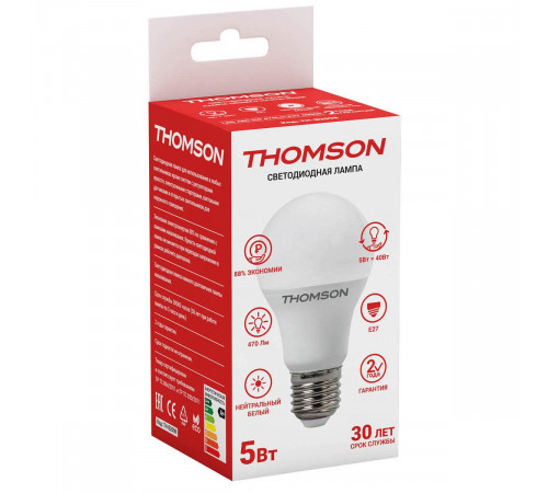 Лампа светодиодная Thomson E27 5W 4000K груша матовая TH-B2098 Лампа светодиодная Thomson E27 5W 4000K груша матовая TH-B2098