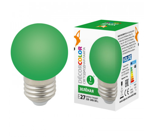 Лампа декоративная светодиодная (UL-00005648) Volpe E27 1W зеленая LED-G45-1W/GREEN/E27/FR/С Лампа декоративная светодиодная (UL-00005648) Volpe E27 1W зеленая LED-G45-1W/GREEN/E27/FR/С