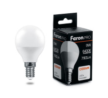 Лампа светодиодная Feron Pro E14 9W 6400K шар матовый LB-1409 38079
